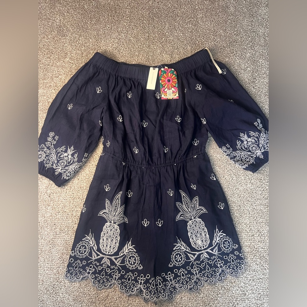 Anthropologie Navy ROMPER  with White Embroidery- Off the Shoulder- size Small